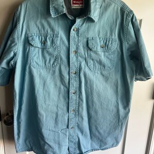 Wrangler Shirt Mens M Blue Short Sleeve Button Flap Pockets Cotton Button Up